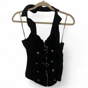Y2K Lydia Black Lace Panel Buckle Straps Halter Tank Top